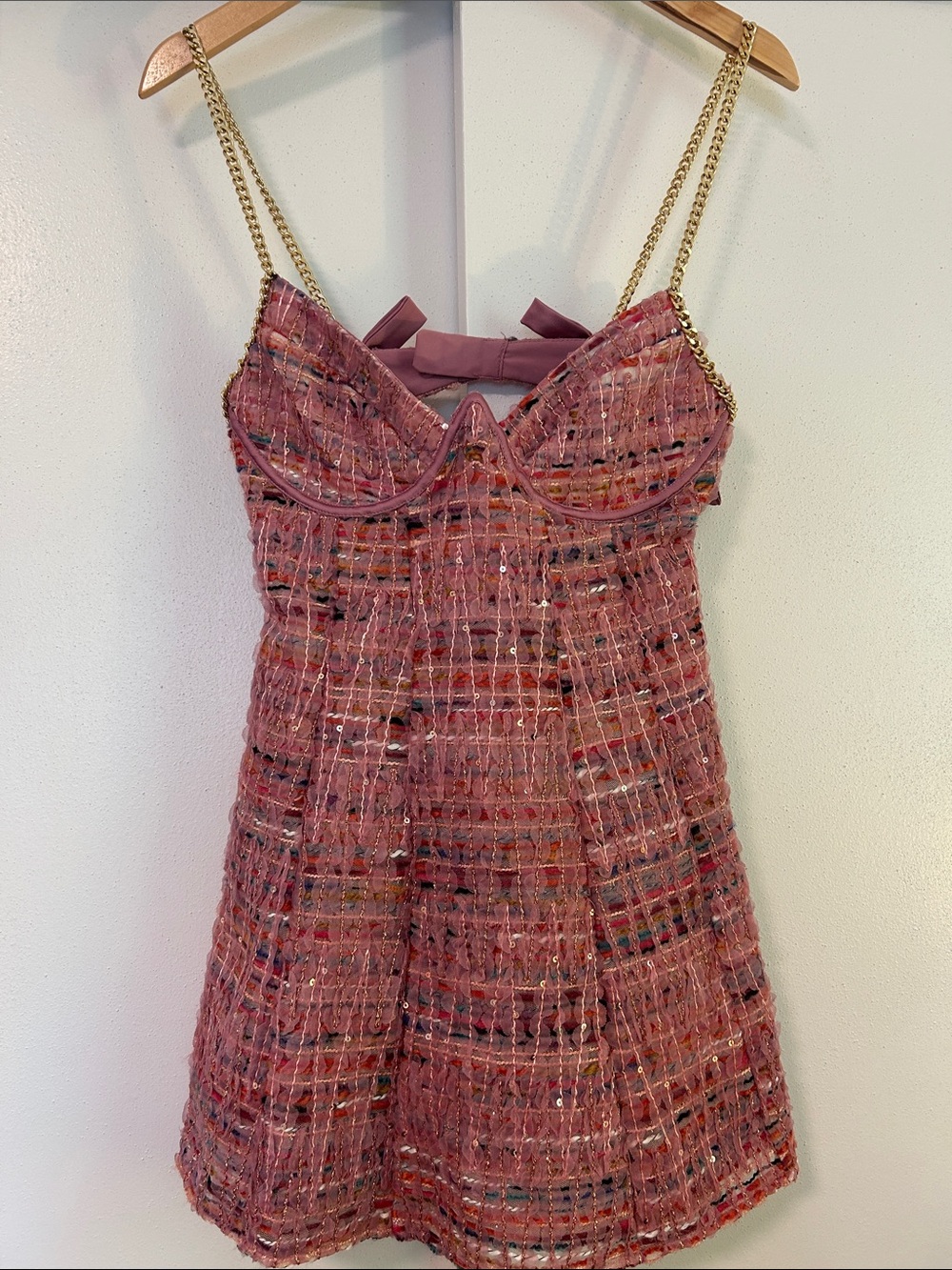 For Love & Lemons Pink Tweed Mini Dress with Gold Chain Straps